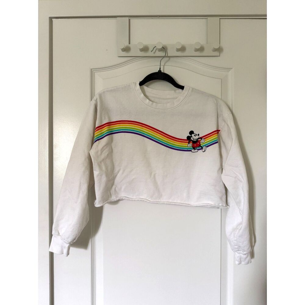 Disney Mickey Mouse Rainbow Stripe Crop Light Sweater Size M White (Runs Small)